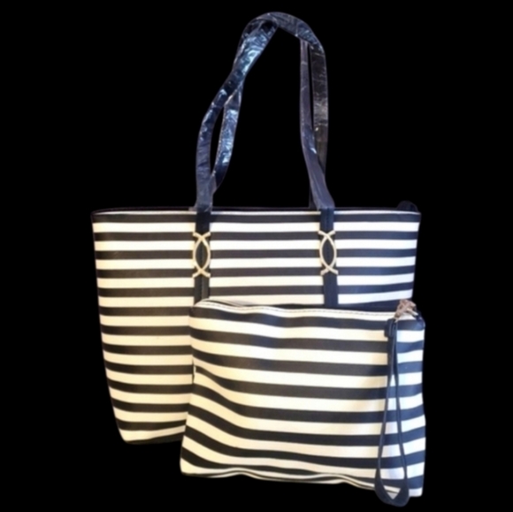 Striped Tote & Large Pouch with Detachable Strap - Picture 1 of 7